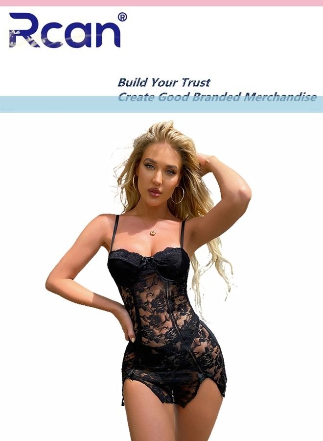 Rcan 2 pieces Set Lingerie for Women's French Fashion Babydoll Deep V Neck Slim Mesh Underwear Nightdress Suspenders Dress Ladies Boudoir Push Up Chest Pads Pajamas Plus Size - Image 1