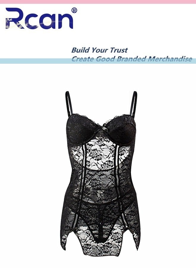 Rcan 2 pieces Set Lingerie for Women's French Fashion Babydoll Deep V Neck Slim Mesh Underwear Nightdress Suspenders Dress Ladies Boudoir Push Up Chest Pads Pajamas Plus Size - Image 3