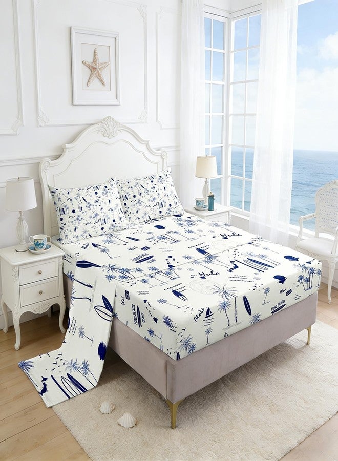 Homewish Coastal Beach Sheet Set Full Size,Surfboard Sailboat Palm Tree Bedding Set 4Pcs for Kids Girls Boys Teens Room Decor Summer Ocean Life Bed Sheet Navy Blue White Fitted + Flat Sheet,2 Pillowcases - Image 1