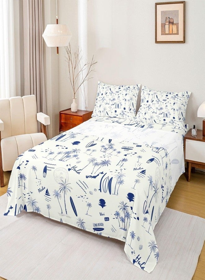 Homewish Coastal Beach Sheet Set Full Size,Surfboard Sailboat Palm Tree Bedding Set 4Pcs for Kids Girls Boys Teens Room Decor Summer Ocean Life Bed Sheet Navy Blue White Fitted + Flat Sheet,2 Pillowcases - Image 3