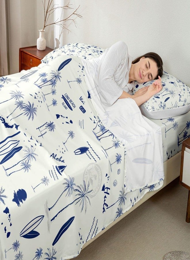 Homewish Coastal Beach Sheet Set Full Size,Surfboard Sailboat Palm Tree Bedding Set 4Pcs for Kids Girls Boys Teens Room Decor Summer Ocean Life Bed Sheet Navy Blue White Fitted + Flat Sheet,2 Pillowcases - Image 2