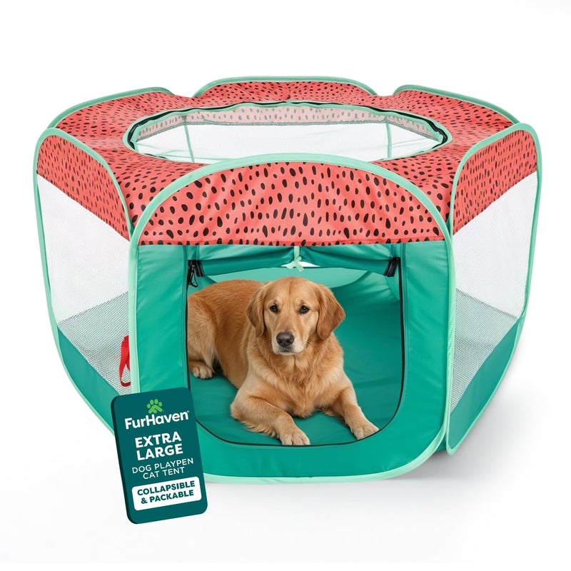 FurHaven SoftSided Dog Cat Playpen Portable Foldable Indoor Outdoor Pet Playpen with Mesh Windows Zippered Door Green Pink Extra Large - Image 2