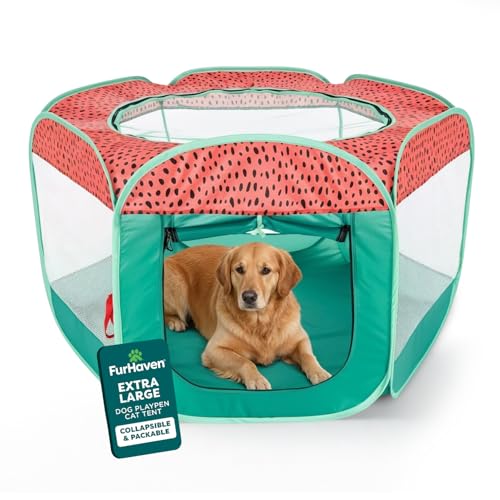 FurHaven SoftSided Dog Cat Playpen Portable Foldable Indoor Outdoor Pet Playpen with Mesh Windows Zippered Door Green Pink Extra Large - Image 1