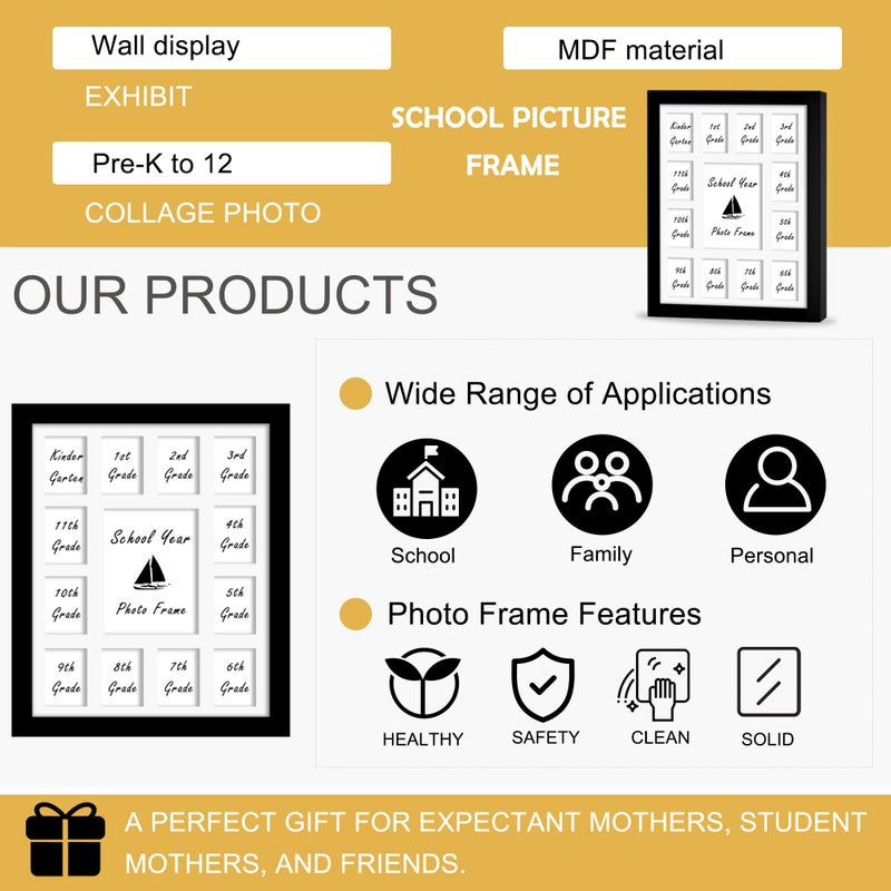 DUENPY 12x16 School Year Picture Frame K-12 Displays One 5x7 Photo and Twelve 2.5x3.5 Pictures Graduation Photo Collage Wall Hanging Collage School Picture Frame Black - Image 3