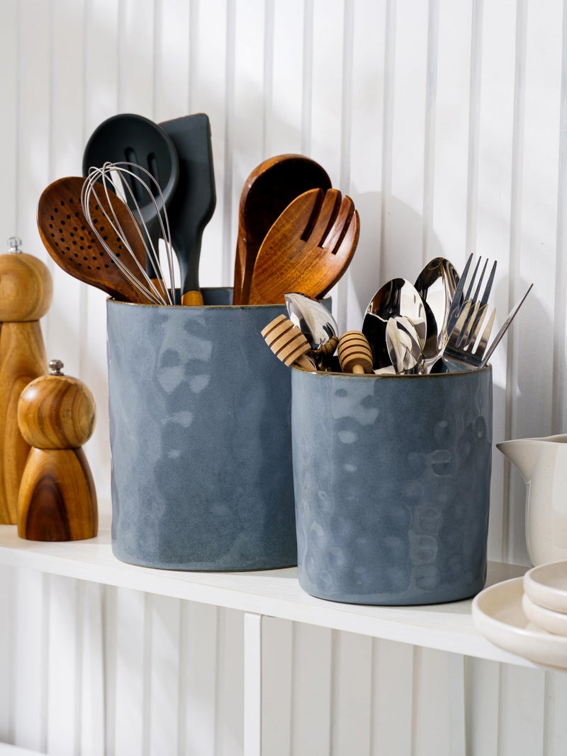 famiware Ocean Utensil Holder, 7.2"+5.8" Ceramic Kitchen Utensil Holder for Countertop, 2 Pieces Cooking Utensil Crocks, Utensil Organizer for Spatula & Spoon, Kitchen Decor, Set of 2, Blue - Image 2