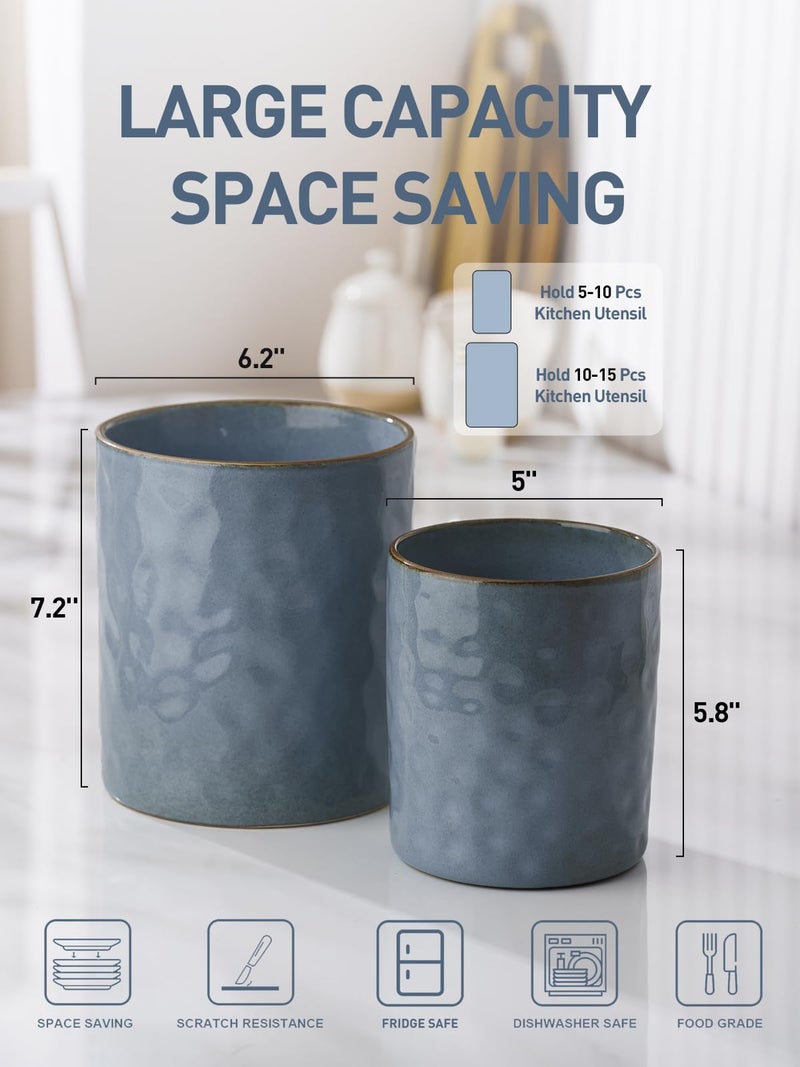 famiware Ocean Utensil Holder, 7.2"+5.8" Ceramic Kitchen Utensil Holder for Countertop, 2 Pieces Cooking Utensil Crocks, Utensil Organizer for Spatula & Spoon, Kitchen Decor, Set of 2, Blue - Image 5