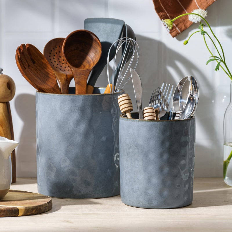 famiware Ocean Utensil Holder, 7.2"+5.8" Ceramic Kitchen Utensil Holder for Countertop, 2 Pieces Cooking Utensil Crocks, Utensil Organizer for Spatula & Spoon, Kitchen Decor, Set of 2, Blue - Image 1