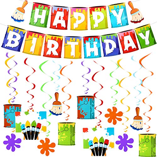 Shappy 25 Pieces Art Painting Party Decorations Includes 1 Happy Birthday Banner 12 Painting Birthday Card and 12 Art Hanging Swirl for Baby Shower Party Supplies - Image 1
