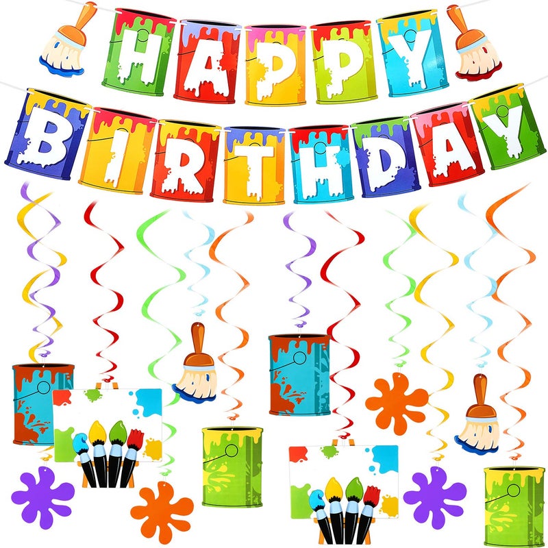 Shappy 25 Pieces Art Painting Party Decorations Includes 1 Happy Birthday Banner 12 Painting Birthday Card and 12 Art Hanging Swirl for Baby Shower Party Supplies - Image 3