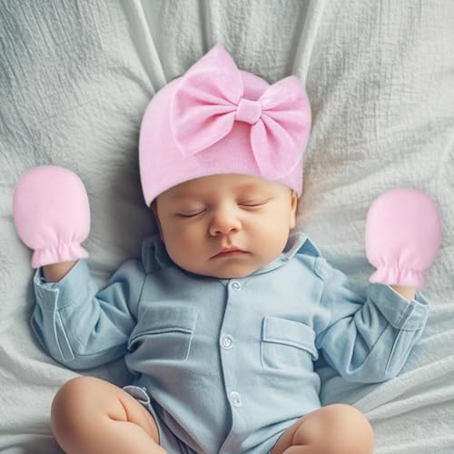 Fecawd Newborn Baby Hats Mittens Sets Bow Infant Caps Gloves No Scratch Mitten Beanie Set for 0-6 Months Girls (Grey) - Image 3