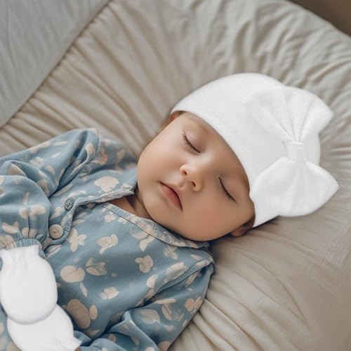 Fecawd Newborn Baby Hats Mittens Sets Bow Infant Caps Gloves No Scratch Mitten Beanie Set for 0-6 Months Girls (Grey) - Image 4