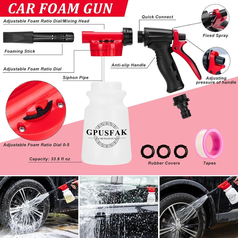 GPUSFAK 16Pcs Car Wash Cleaning Kit with Foam Gun Sprayer Detailing Brushes Windshield Cleaning Tool Rim and Tire Brush Towels Complete Interior Exterior Detailing Set for Car - Image 2