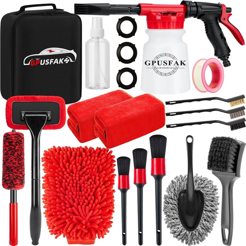 GPUSFAK 16Pcs Car Wash Cleaning Kit with Foam Gun Sprayer Detailing Brushes Windshield Cleaning Tool Rim and Tire Brush Towels Complete Interior Exterior Detailing Set for Car - Image 1