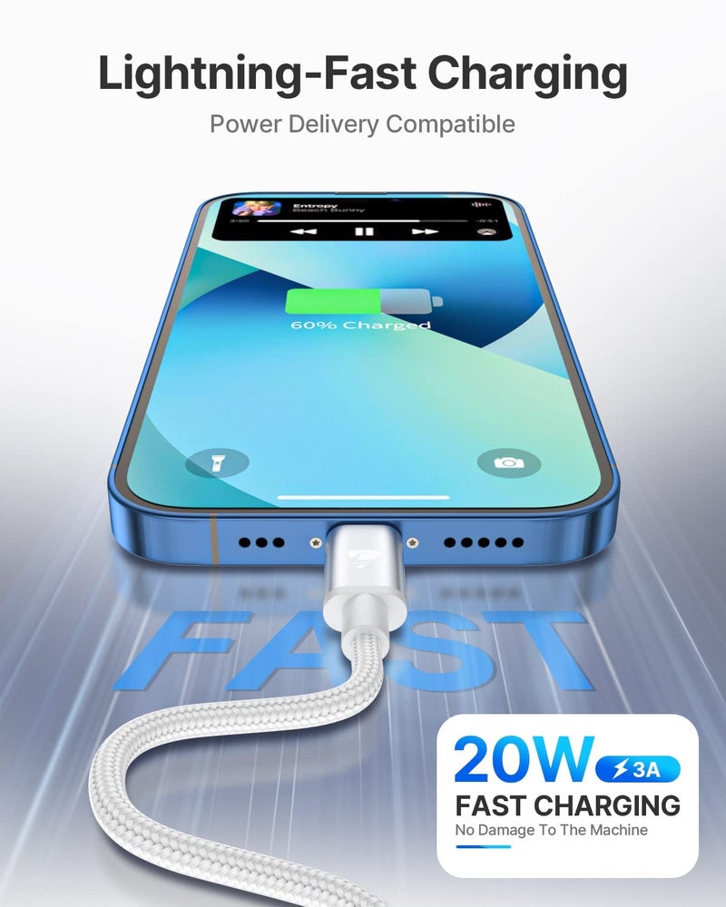اييونوس كابل طويل USB-C إلى Lightning بطول 3 متر، كابل شحن iPhone معتمد من MFi، كابل شحن من نوع USB-C إلى iPhone، سلك شحن سريع متوافق مع iPhone 11 12 13 14 Pro Max X XS XR 8 7 6 Plus iPad - Image 3