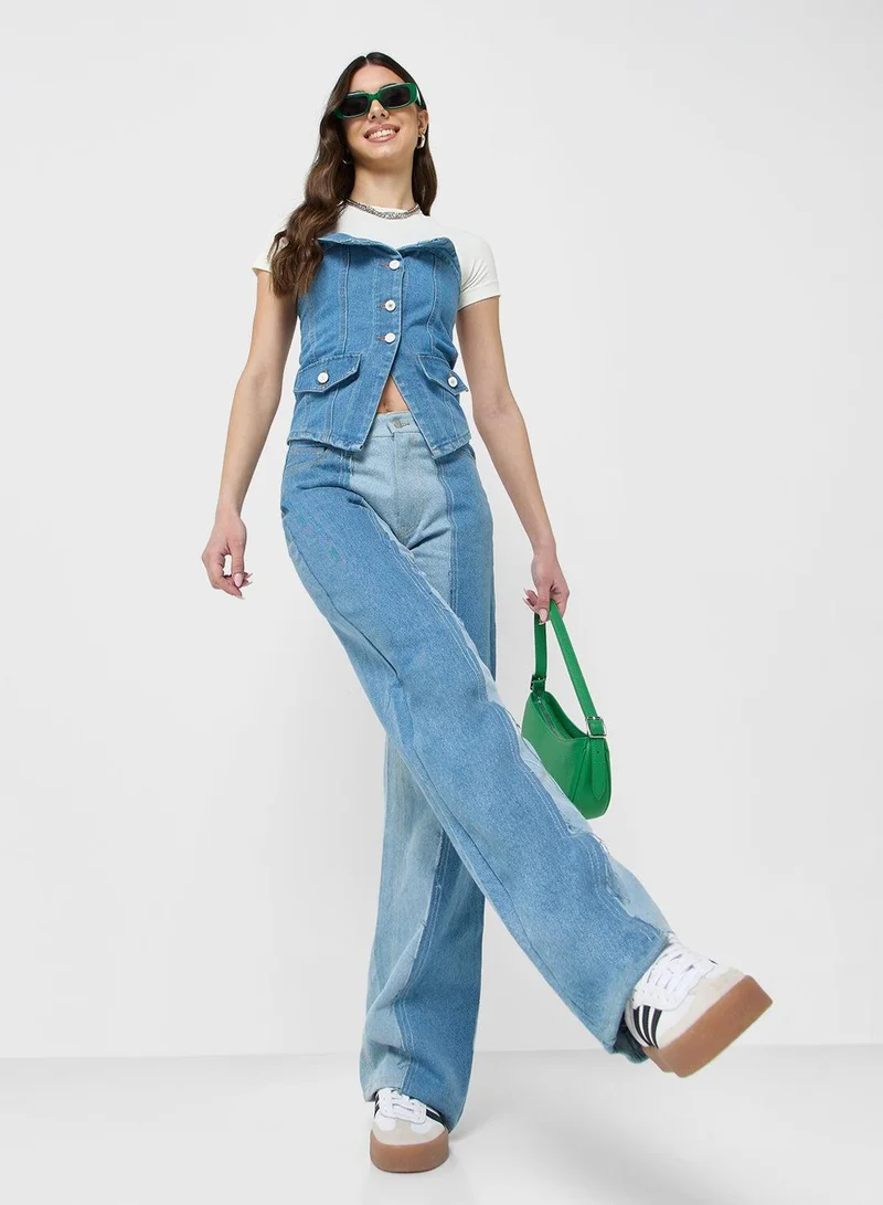 Mid Rise Colorblock Wide Leg Jeans