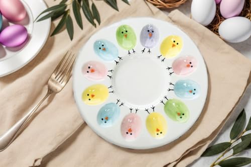 HSHQING Ceramic Deviled Egg Platter Holder Easter Chicks Plates Egg Serving Tray for Hold n Devil Dozen Eggs - Image 2
