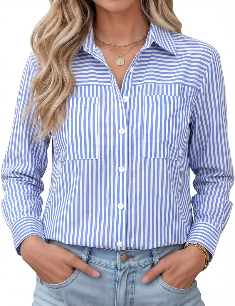 Kistore Women's Dress Shirts Wrinkle Free Long Sleeve Shirts Striped Bussiness Casual Work Tops Button Down Outfits with Pockets Blue S - Image 1
