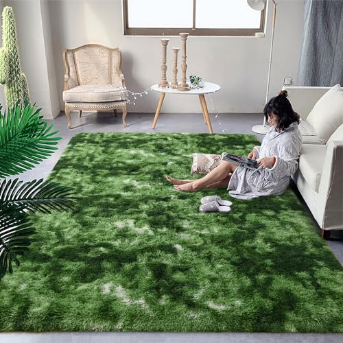 DweIke Fluffy Dark Green Rugs for Bedroom Living Room, 5x8 Large Soft Plush Shaggy Tie-Dyed Forest Moss Green Girls Boys Kids Rug, Non-Slip and Machine Washable Carpet for Dorm Nursery Decor - Image 1