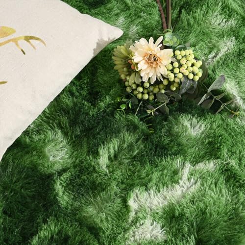 DweIke Fluffy Dark Green Rugs for Bedroom Living Room, 5x8 Large Soft Plush Shaggy Tie-Dyed Forest Moss Green Girls Boys Kids Rug, Non-Slip and Machine Washable Carpet for Dorm Nursery Decor - Image 3