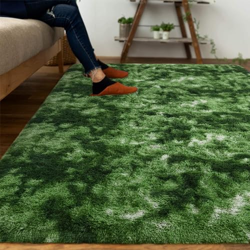 DweIke Fluffy Dark Green Rugs for Bedroom Living Room, 5x8 Large Soft Plush Shaggy Tie-Dyed Forest Moss Green Girls Boys Kids Rug, Non-Slip and Machine Washable Carpet for Dorm Nursery Decor - Image 2