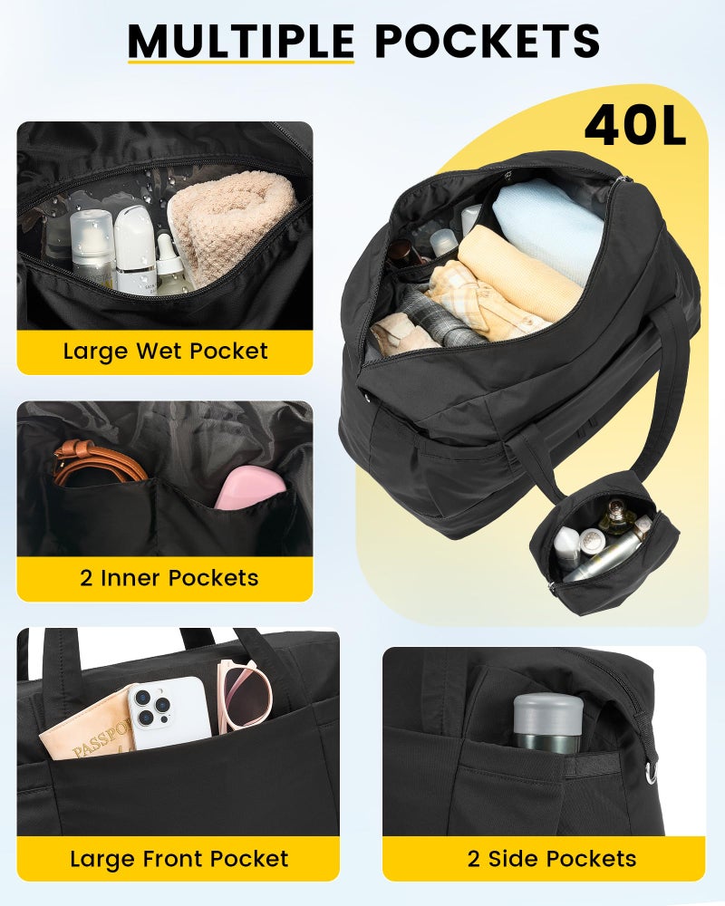Vorspack Duffle Bag for Travel - 40L Gym Bag for Women Men Personal Item Travel Bag with Shoe Pocket Toiletry Bag Lightweight Carry On Bag for Weekender Overnight Sports - Black - Image 3