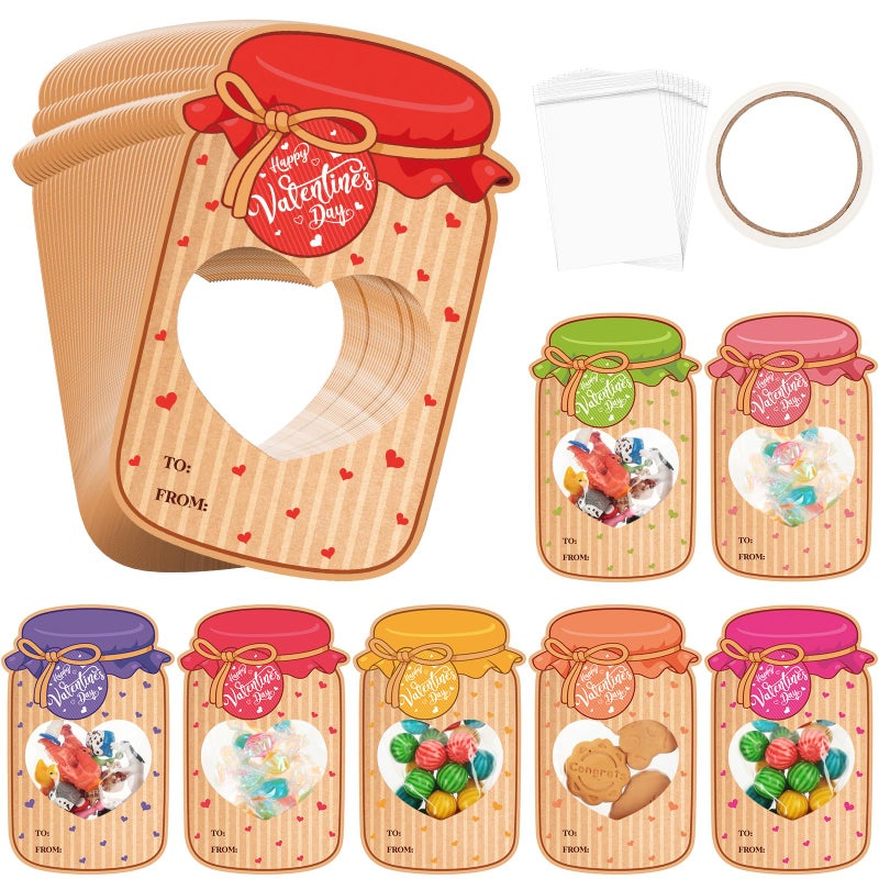 ReliThick 100 Set Valentines Day Candy Cards Candy Making Kit Kraft Paper Mason Jar Personalized Valentine Exchange Cards for Prize Party Gifts(Classic) - Image 1