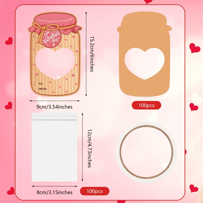 ReliThick 100 Set Valentines Day Candy Cards Candy Making Kit Kraft Paper Mason Jar Personalized Valentine Exchange Cards for Prize Party Gifts(Classic) - Image 2