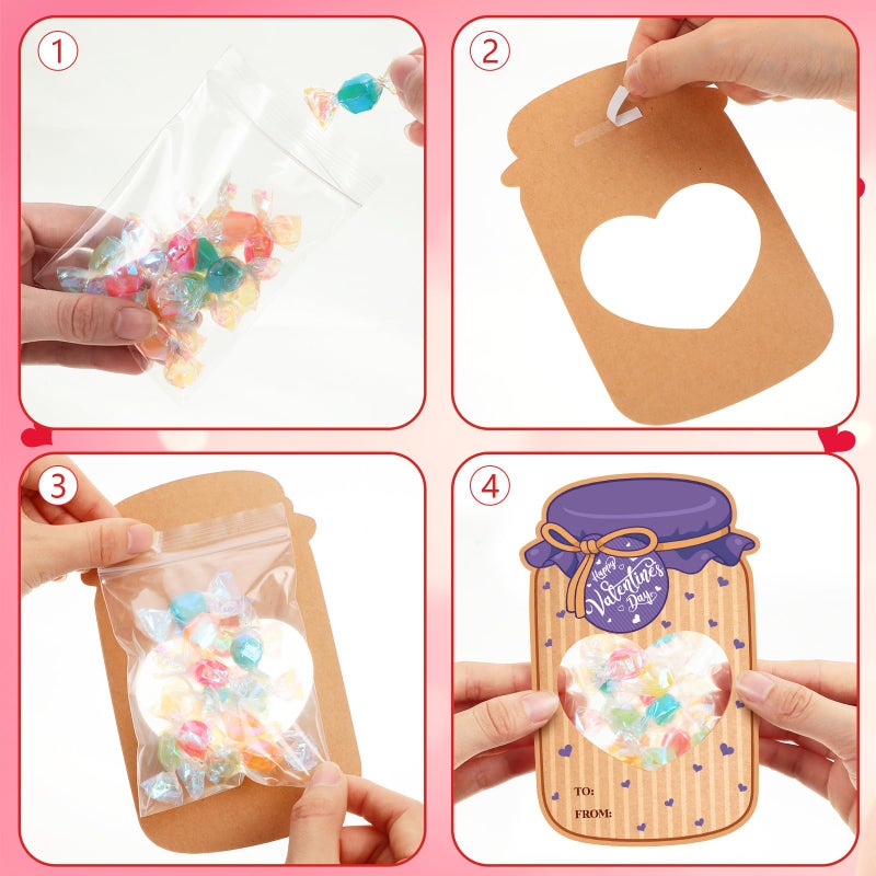 ReliThick 100 Set Valentines Day Candy Cards Candy Making Kit Kraft Paper Mason Jar Personalized Valentine Exchange Cards for Prize Party Gifts(Classic) - Image 3