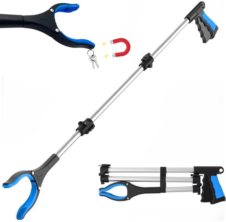 FitPlus 2024 Upgrade PowerGrip T9 Extra Long Grabber Reacher Tool Wide Jaw Foldable Trash Pickup Tool Steel Cable with 96 Grip Points for Firm Grip 43 with Magnet Blue 43 Inch