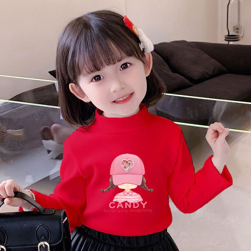 Children's Base Shirt Half-high Collar Girl's White Autumn and Winter Baby's Long-sleeved T-shirt De-velvet Base T-shirt - Image 1