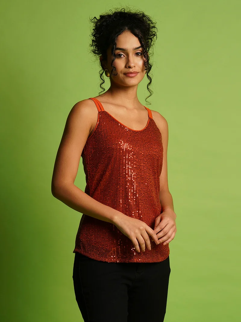 globus Women Embellished Sequined Shoulder Straps Top