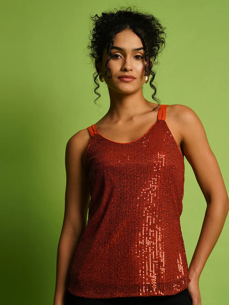 globus Women Embellished Sequined Shoulder Straps Top