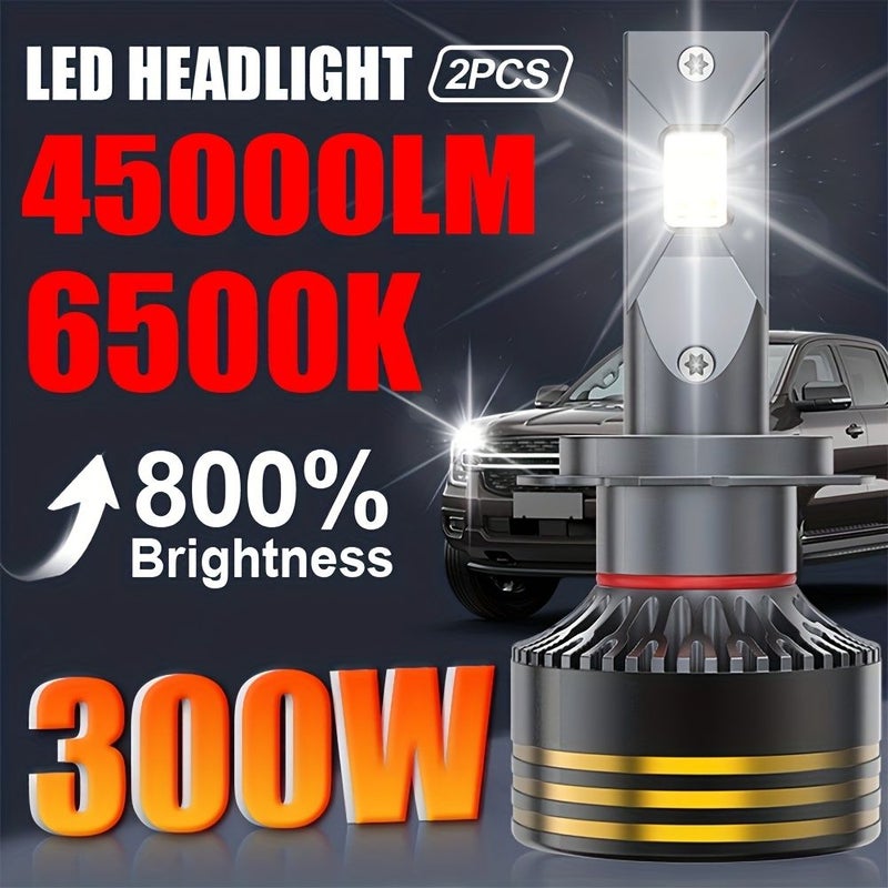لمبات أمامية LED بقوة 45000 لومن 300 واط 6500K لون أبيض موديل H4 9003 HB2 HB1 H7 H18 H11 H16 9006 9012 9005 توصيل وتشغيل مباشر مع محرك خارجي جاهز لنظام كانباص هيكل من الألومنيوم لتبديد الحرارة - Image 1