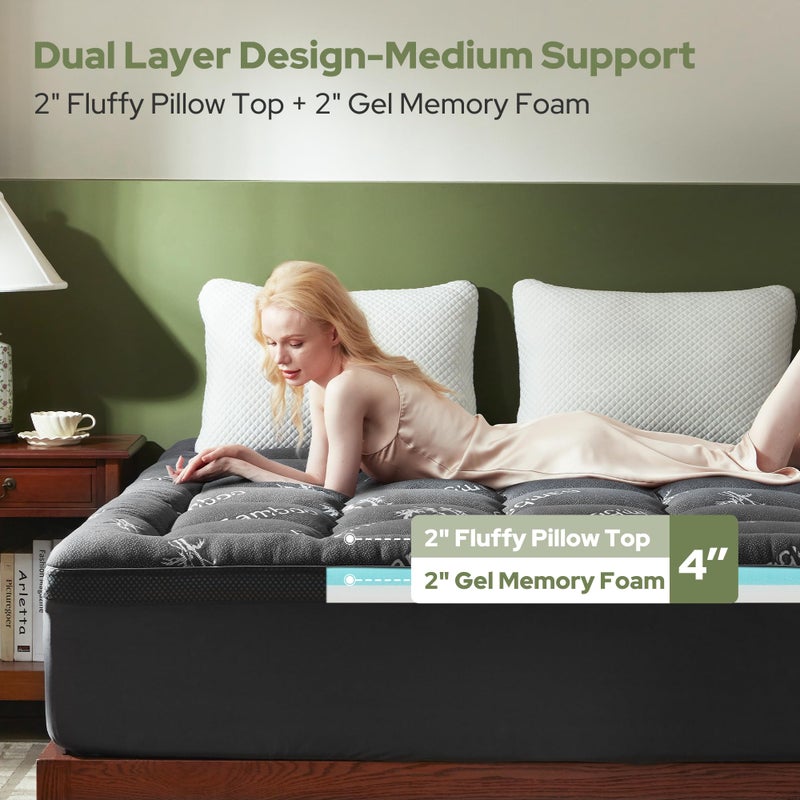 BEDLORE California King Memory Foam Mattress Topper 4 Inch,2-in-1 Dual Layer Design (2"Gel Memory Foam + 2"Plush Pillow Top Cover) Mattress Topper Medium-Firm,Pressure Relief & Back Pain Support(Gray) - Image 2