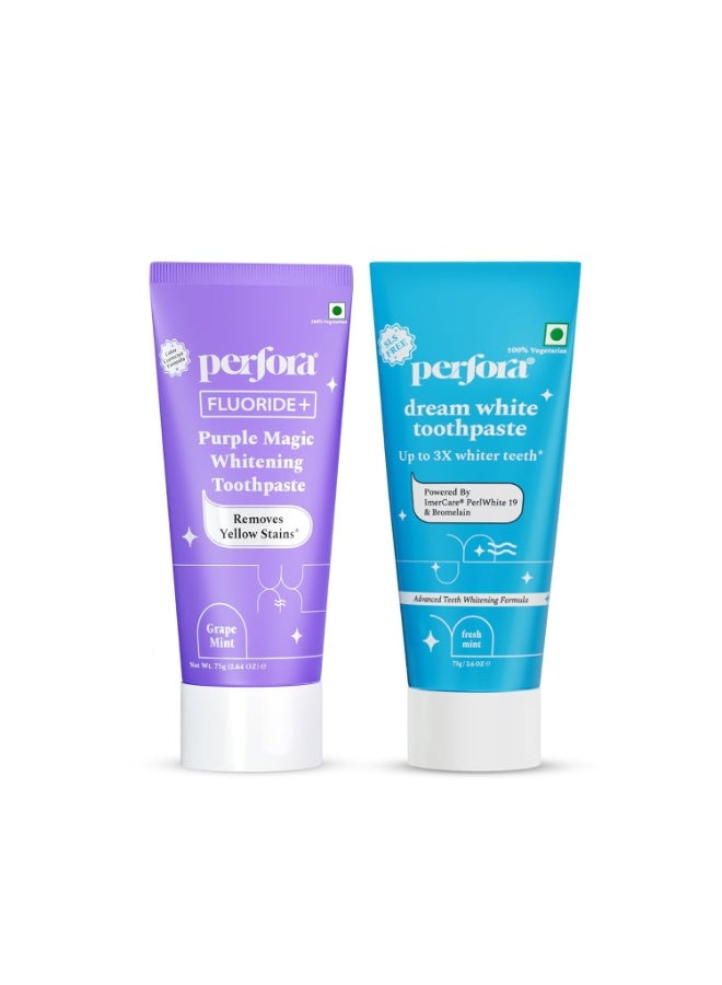 Perfora Teeth Whitening Combo - Whitens Teeth in 1 Use | Enamel-Safe & Sensitivity-Free Oral Care Formula For Tooth Stain Removal | Purple Toothpaste-75gm & Dream White Toothpaste-75gm - Image 1