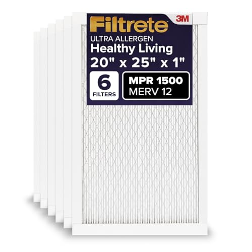 Filtrete 20x25x1 AC Furnace Air Filter MERV 12 MPR 1500 CERTIFIED asthma allergy friendly 3 Month Pleated 1Inch Electrostatic Air Cleaning Filter 6Pack Actual Size 1969x2469x078