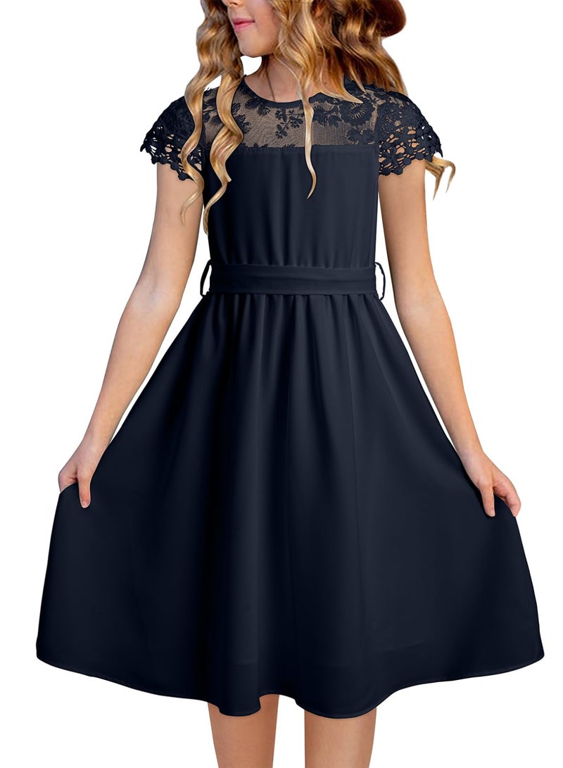 blibean Tween Girls Summer Dresses Kid Short Sleeve Lace Mesh Belted Flower Dress 2025 Party Semi Formal Elegant Fancy Wedding Gust Outfit Solid Casual Dressy Flare Clothes Size 12-13 Year Navy Blue - Image 1