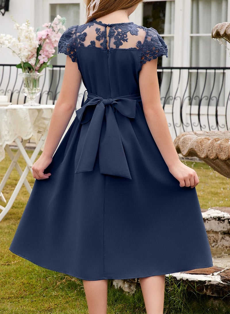 blibean Tween Girls Summer Dresses Kid Short Sleeve Lace Mesh Belted Flower Dress 2025 Party Semi Formal Elegant Fancy Wedding Gust Outfit Solid Casual Dressy Flare Clothes Size 12-13 Year Navy Blue - Image 4