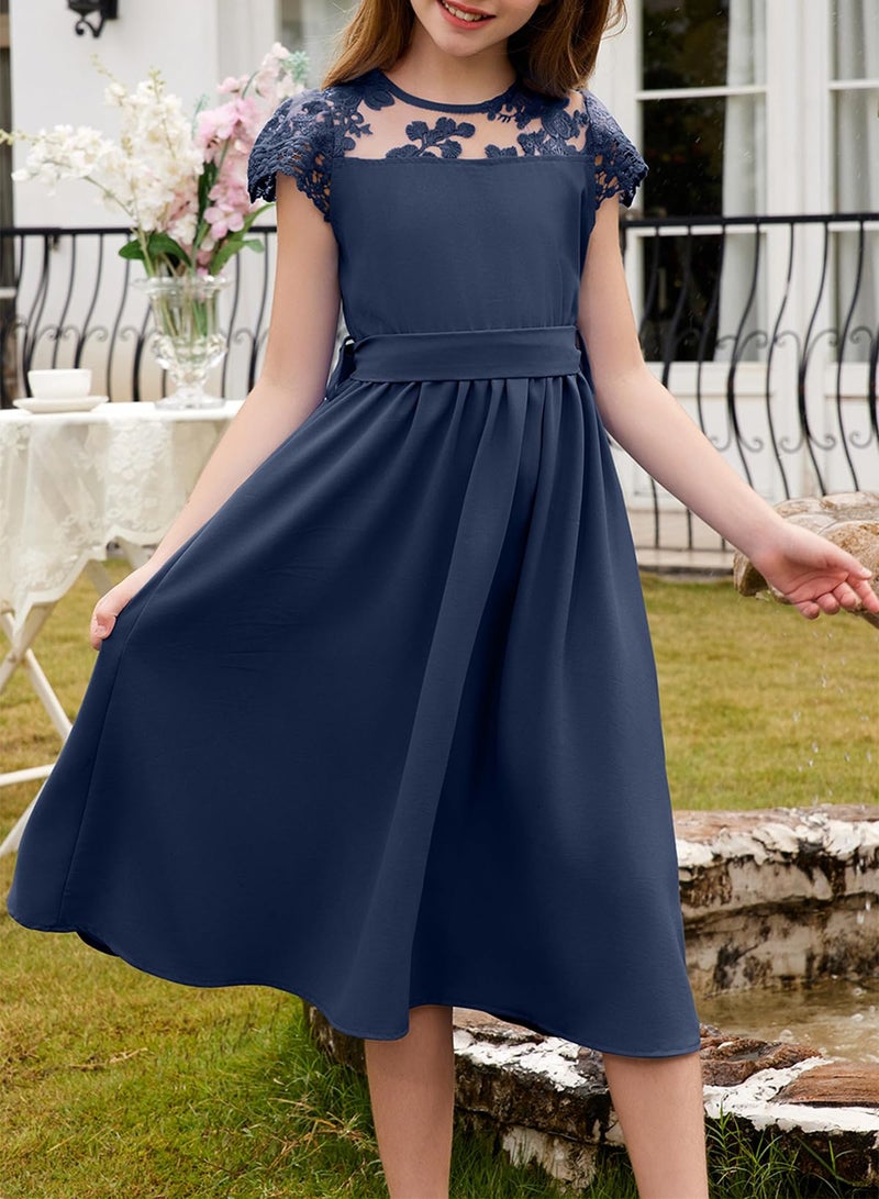 blibean Tween Girls Summer Dresses Kid Short Sleeve Lace Mesh Belted Flower Dress 2025 Party Semi Formal Elegant Fancy Wedding Gust Outfit Solid Casual Dressy Flare Clothes Size 12-13 Year Navy Blue - Image 3