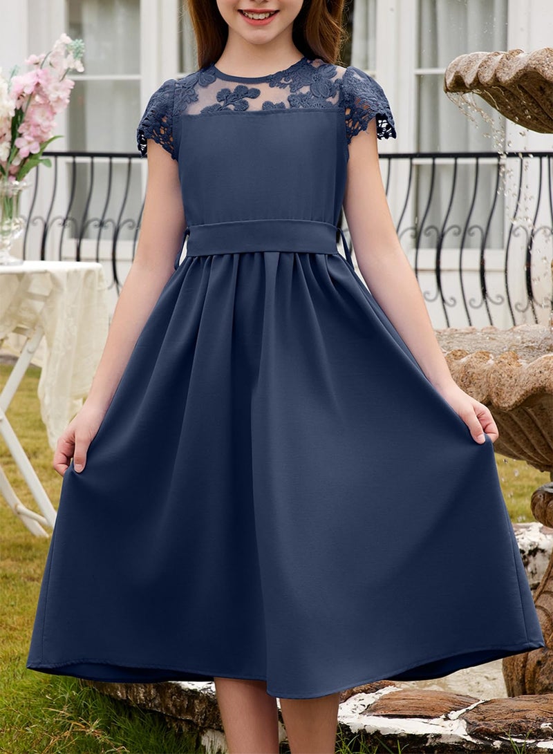 blibean Tween Girls Summer Dresses Kid Short Sleeve Lace Mesh Belted Flower Dress 2025 Party Semi Formal Elegant Fancy Wedding Gust Outfit Solid Casual Dressy Flare Clothes Size 12-13 Year Navy Blue - Image 2