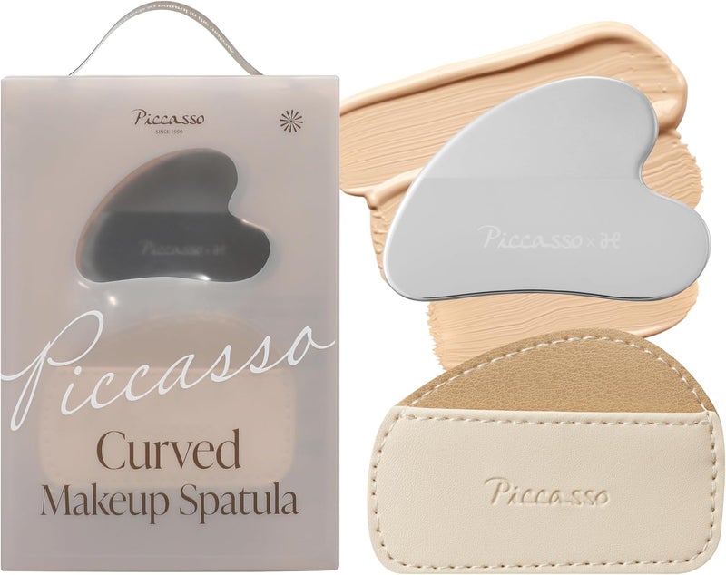 Piccasso Curved Makeup Spatula for Foundation, Stainless Steel Base Makeup Tool with Synthetic Leather Case, Thin Smooth Application for Even Coverage and Natural Skin-Like Finish - Image 1