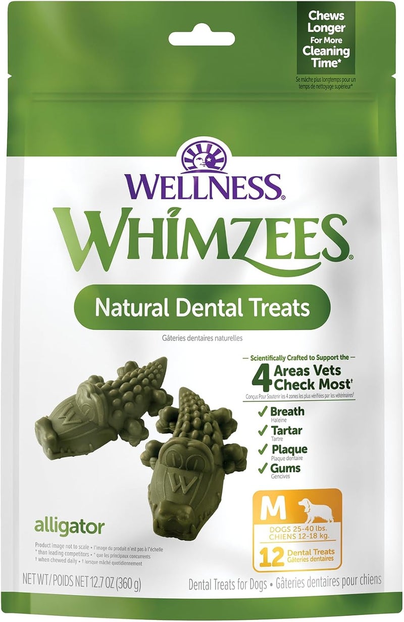 WHIMZEES Natural Grain Free Daily Dental Long Lasting Dog Treats, Alligator, Medium, Bag of 12 - Image 1