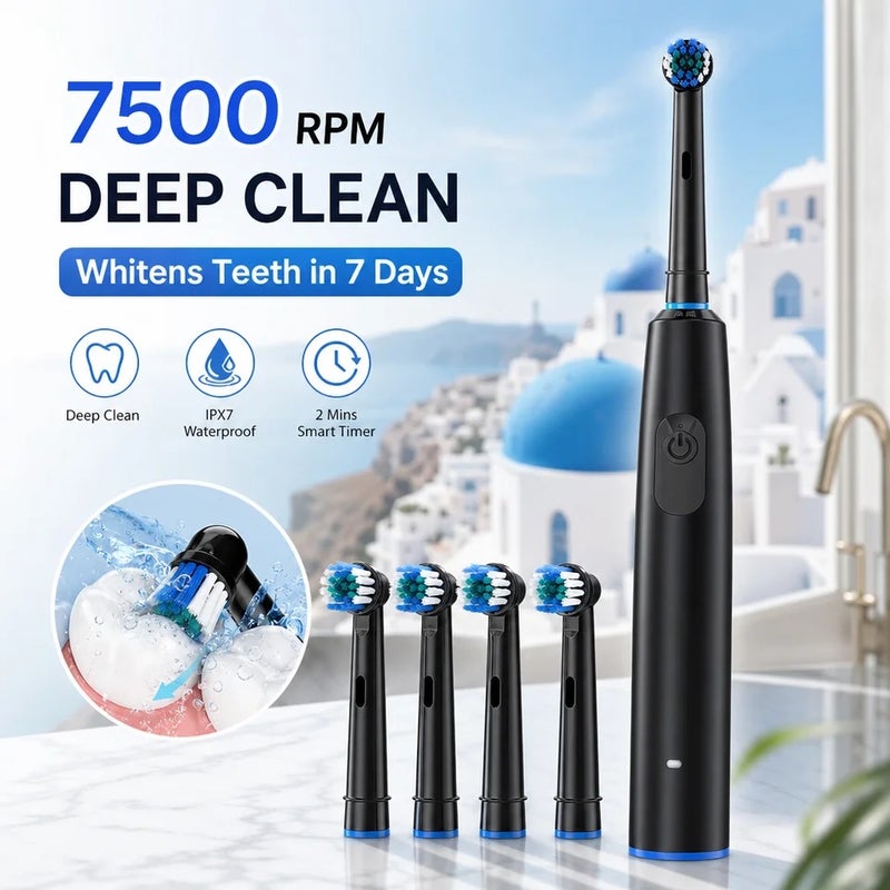 HailiCare Rotating Electric Toothbrush for Adults 5 Modes 4 Brush Heads 7500RPM 30-Day Battery Life IP67 Waterproof 2-Min Timer USB Rechargeable Oral Care for - Image 5