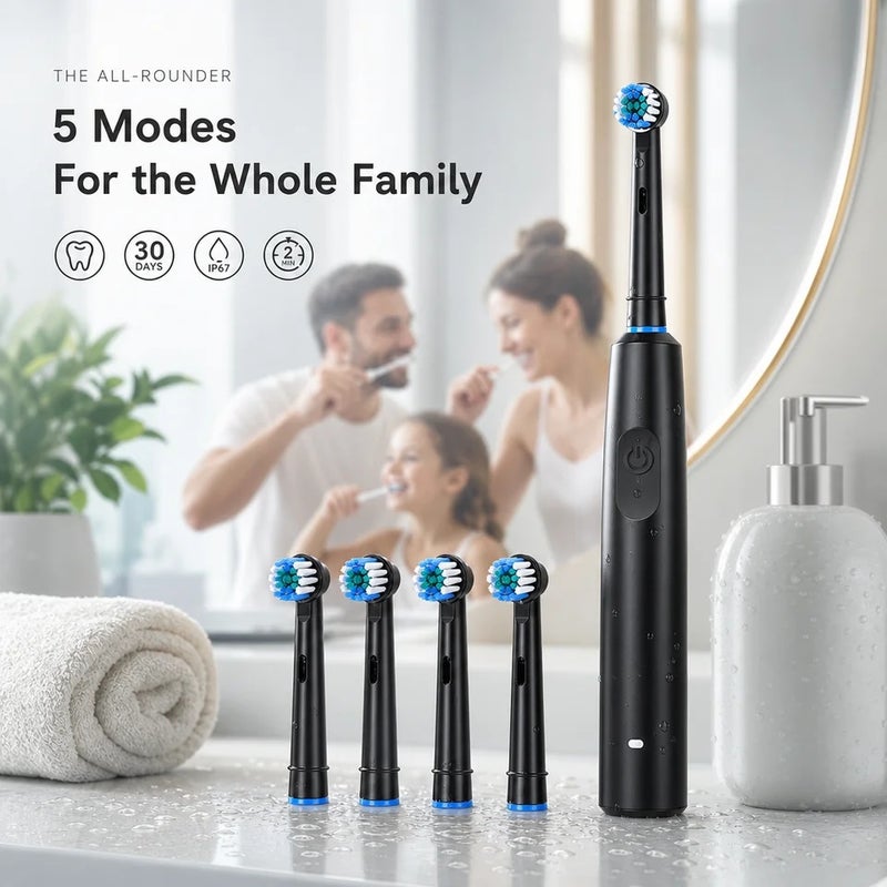 HailiCare Rotating Electric Toothbrush for Adults 5 Modes 4 Brush Heads 7500RPM 30-Day Battery Life IP67 Waterproof 2-Min Timer USB Rechargeable Oral Care for - Image 2