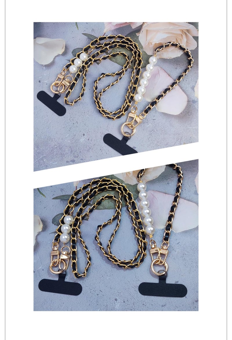 cioatu Universal Cell Phone Lanyard Leather Pearls Phone Strap Chain Crossbody Neck Strap Phone Charms Phone Wrist Straps (Black) - Image 4