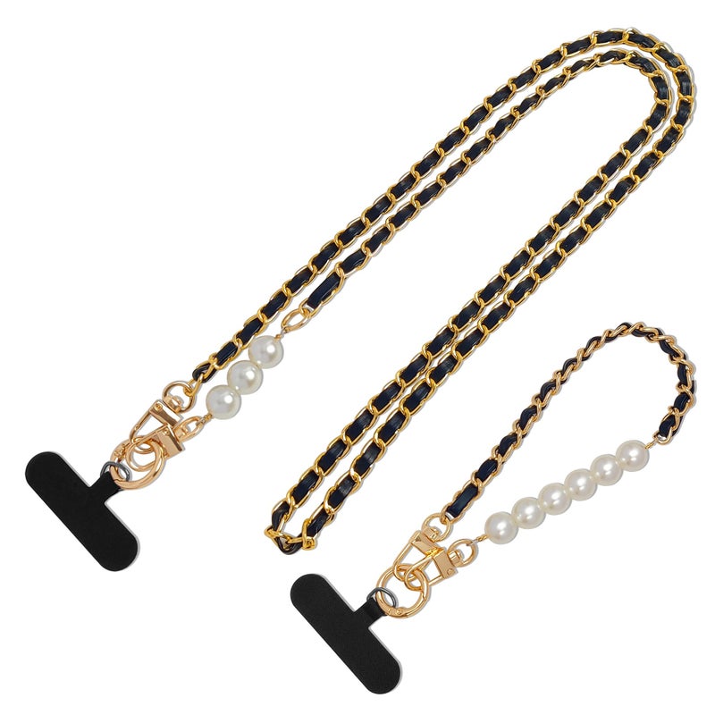 cioatu Universal Cell Phone Lanyard Leather Pearls Phone Strap Chain Crossbody Neck Strap Phone Charms Phone Wrist Straps (Black) - Image 1