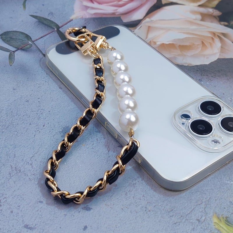 cioatu Universal Cell Phone Lanyard Leather Pearls Phone Strap Chain Crossbody Neck Strap Phone Charms Phone Wrist Straps (Black) - Image 5