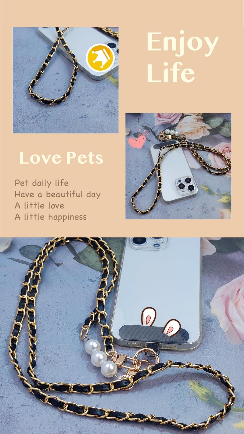 cioatu Universal Cell Phone Lanyard Leather Pearls Phone Strap Chain Crossbody Neck Strap Phone Charms Phone Wrist Straps (Black) - Image 3