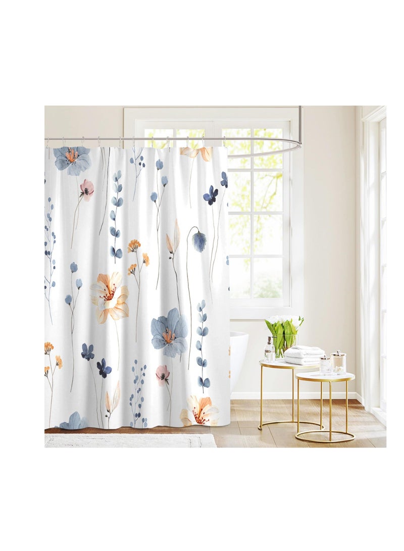 Watercolor Floral Shower Curtain Sets, Boho Floral Shower Curtain, Watercolor Blue Flowers Shower Curtain Sets, Modern Minimalist Waterproof Fabric Bath Curtain, with 12 Hooks (72x72 Inches) - Image 3