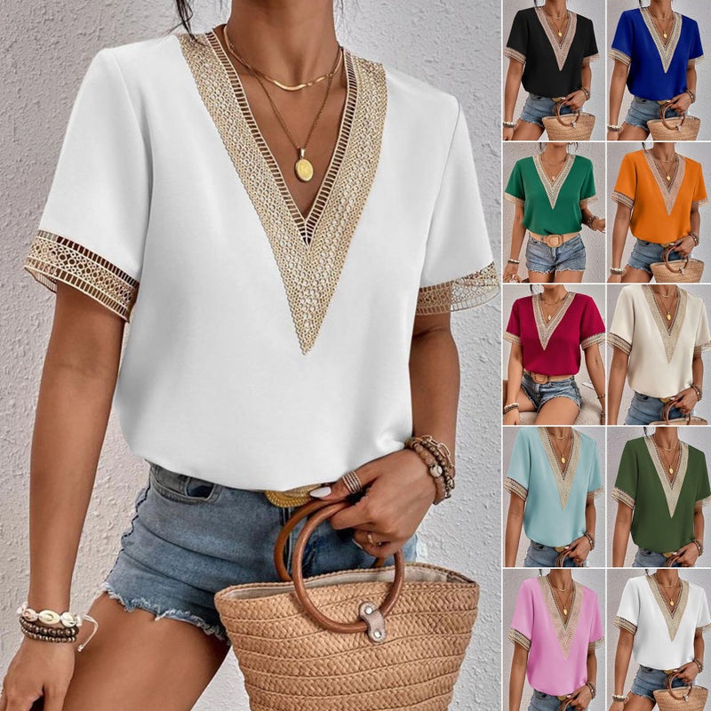 Women's Lace Trim Short Sleeve T-Shirt - Image 1